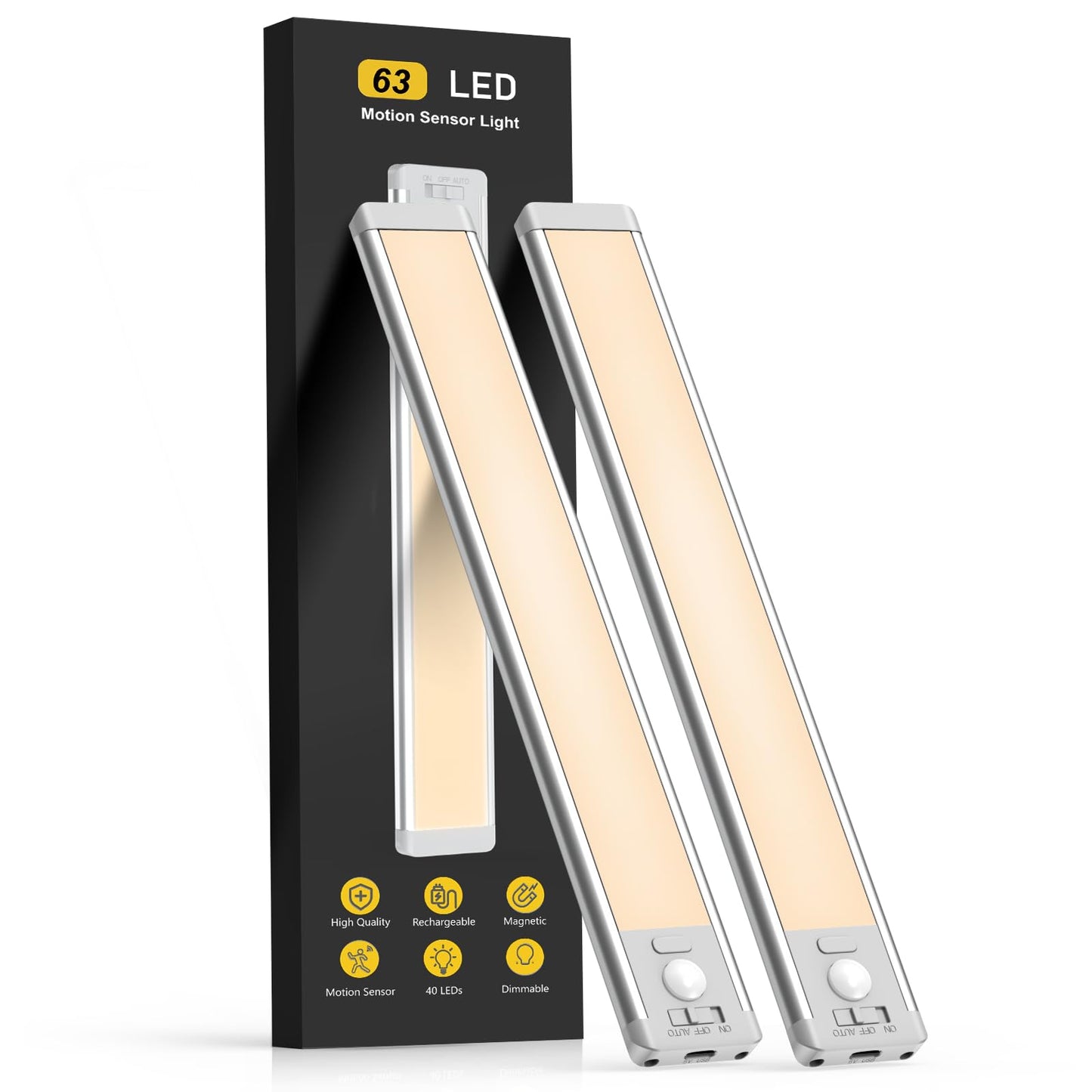 Under Cabinet Lights, 63 LED Rechargeable Battery Operated Motion Sensor Light Indoor, 2 Pack Magnetic Dimmable Closet Lights, Wireless Under Counter Lights for Kitchen, Stairs,Hallway