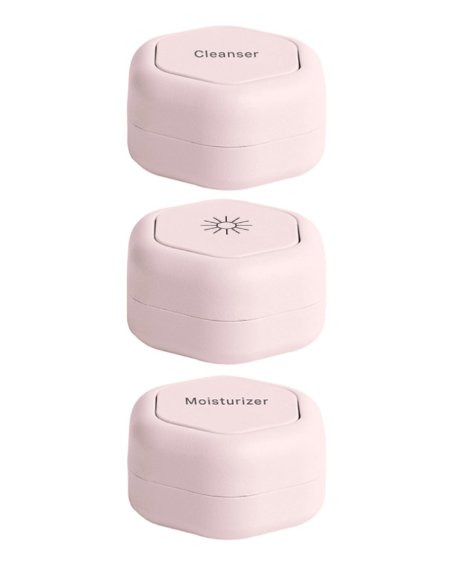 Cadence Travel Containers - Basic Skincare Set - Magnetic Travel Capsules - For Facial Cleanser, Moisturizer, Sunscreen - 3 Small Capsules (0.56oz) with Cleanser, Moisturizer & Sun-Icon Labels - Petal