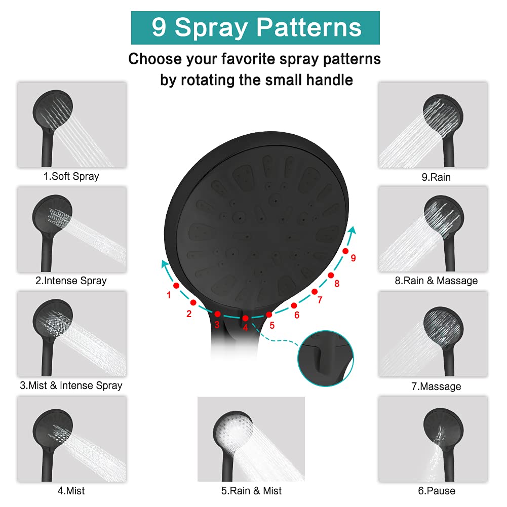 Shower Head, 8‘’ High Pressure Rainfall/Handheld Shower Combo with 11'' Extension Arm, 9 Settings, Anti-leak Shower Head with Holder, Height/Angle Adjustable, Chrome, Matte Black