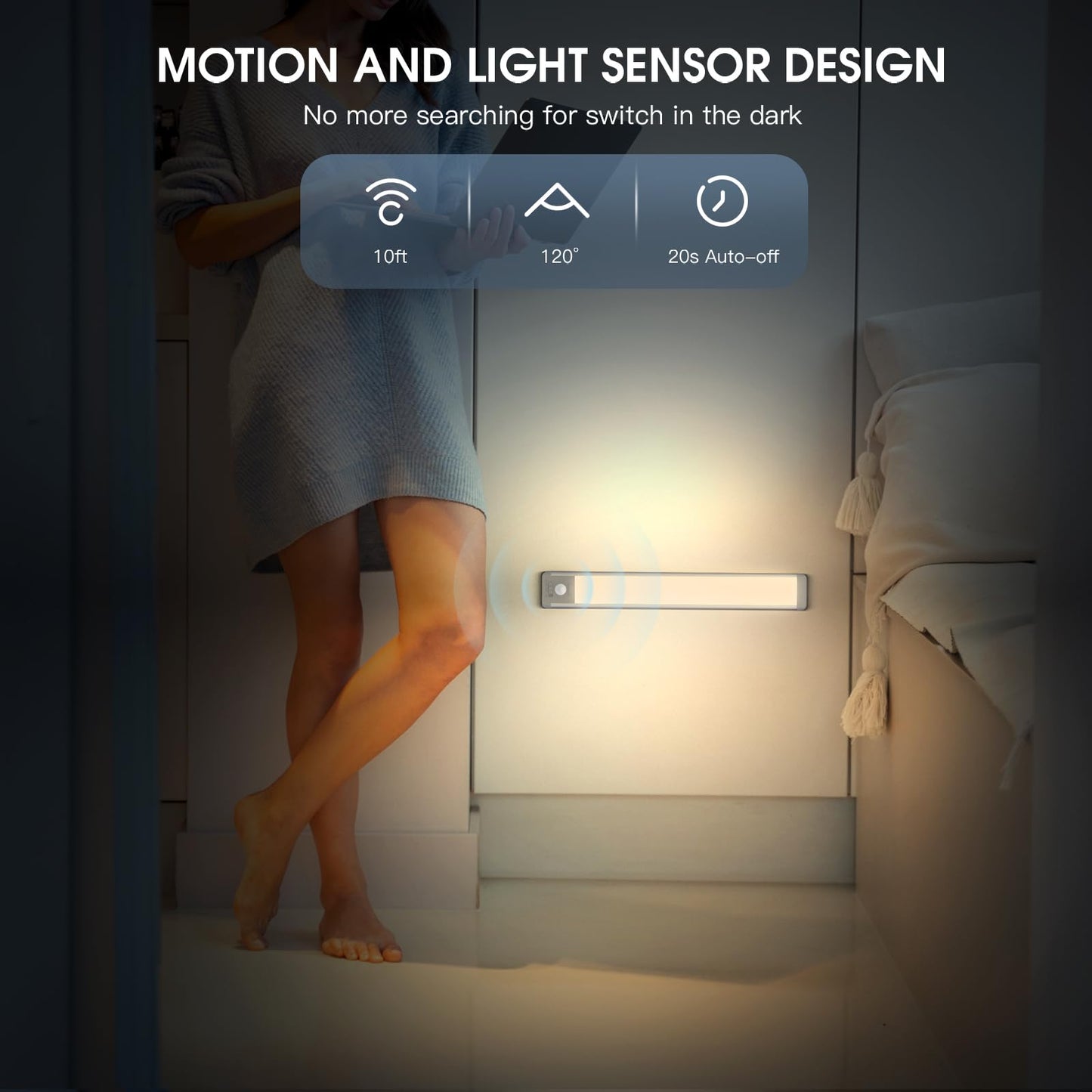 Under Cabinet Lights, 63 LED Rechargeable Battery Operated Motion Sensor Light Indoor, 2 Pack Magnetic Dimmable Closet Lights, Wireless Under Counter Lights for Kitchen, Stairs,Hallway