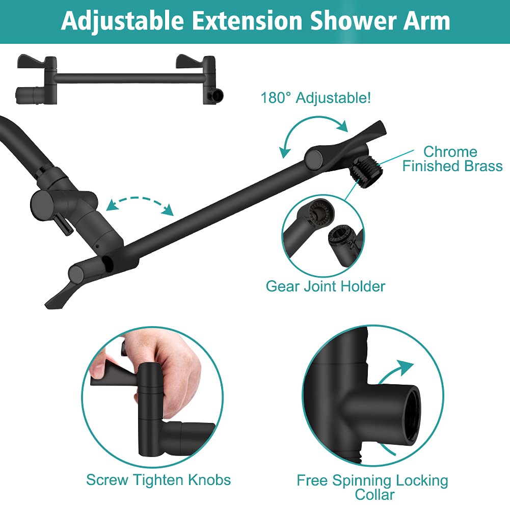 Shower Head, 8‘’ High Pressure Rainfall/Handheld Shower Combo with 11'' Extension Arm, 9 Settings, Anti-leak Shower Head with Holder, Height/Angle Adjustable, Chrome, Matte Black
