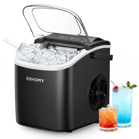 EUHOMY Countertop Ice Maker Machine with Handle, 26lbs in 24Hrs, 9 Ice Cubes Ready in 6 Mins, Auto-Cleaning Portable Ice Maker with Basket and Scoop, for Home/Kitchen/Camping/RV. (Black)