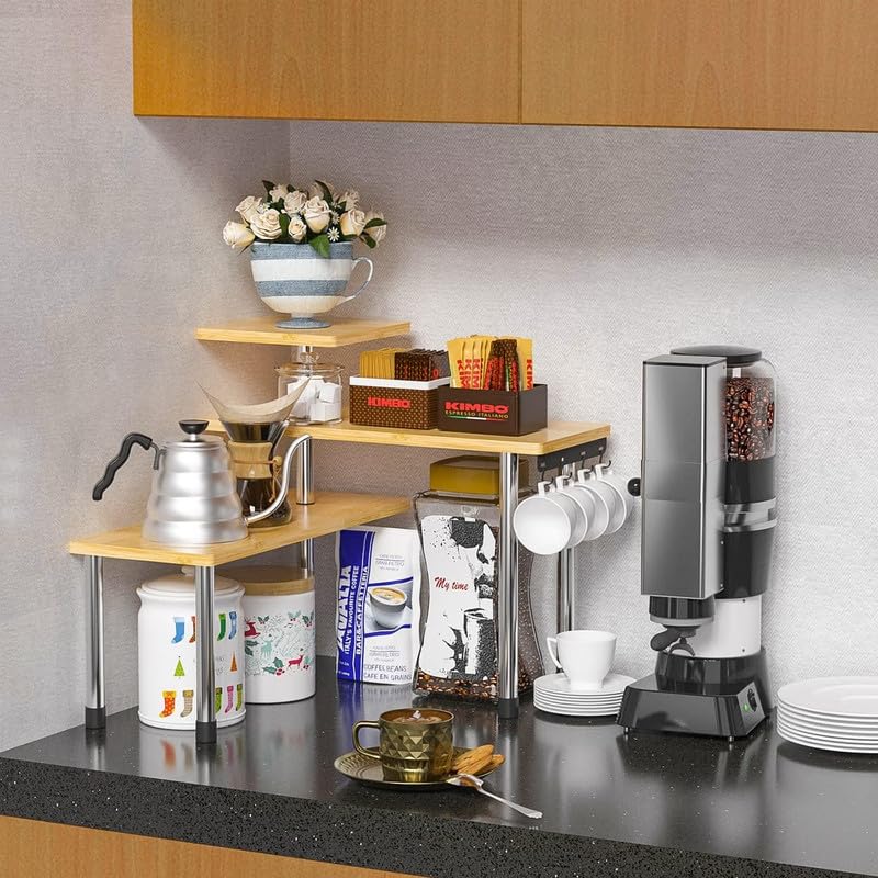 ZHWS Bathroom Counter Organizer Corner Countertop Shelf Adjustable 3 Tier Corner Shelf Kitchen Counter Organizer with 4 Metal Hooks for Bathroom Counter, Makeups, Dresser Table, Over Sink
