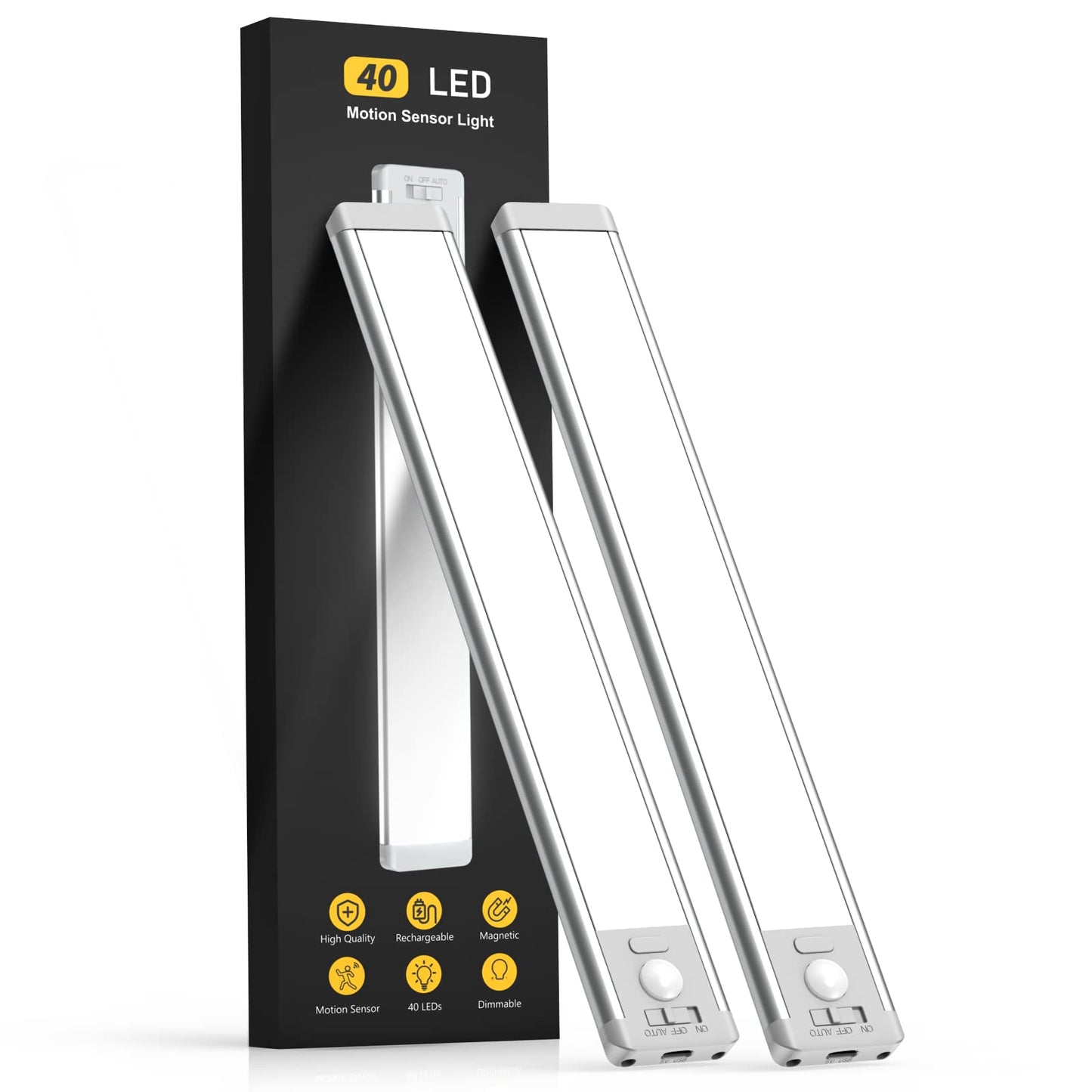 Under Cabinet Lights, 63 LED Rechargeable Battery Operated Motion Sensor Light Indoor, 2 Pack Magnetic Dimmable Closet Lights, Wireless Under Counter Lights for Kitchen, Stairs,Hallway