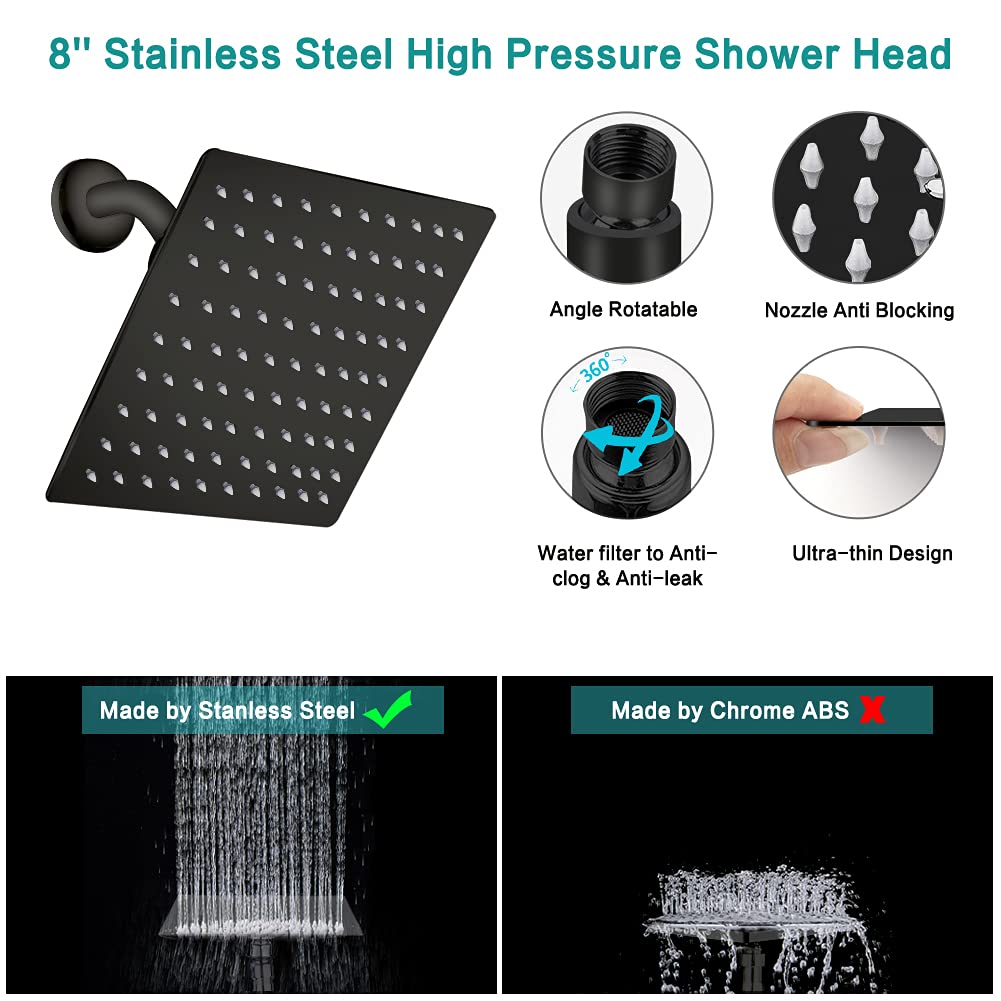 Shower Head, 8‘’ High Pressure Rainfall/Handheld Shower Combo with 11'' Extension Arm, 9 Settings, Anti-leak Shower Head with Holder, Height/Angle Adjustable, Chrome, Matte Black