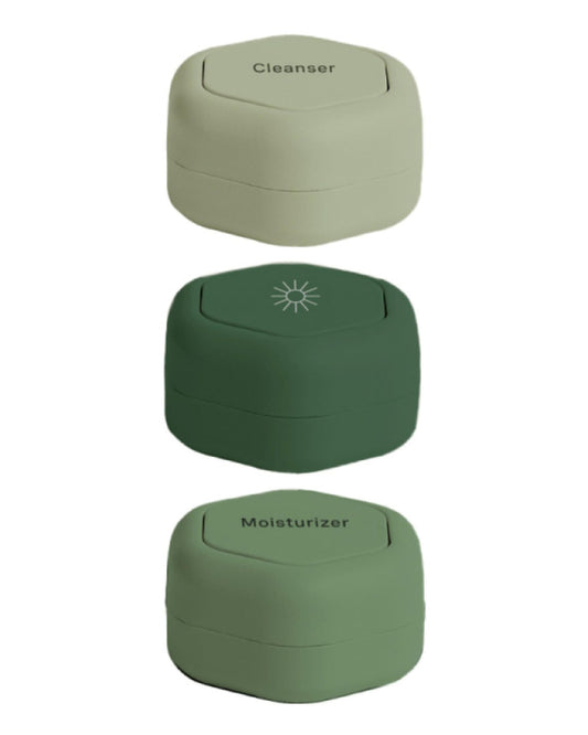 Cadence Travel Containers - Basic Skincare Set - Magnetic Travel Capsules - For Facial Cleanser, Moisturizer, Sunscreen - 3 Small Capsules (0.56oz) with Cleanser, Moisturizer & Sun-Icon Labels - Petal
