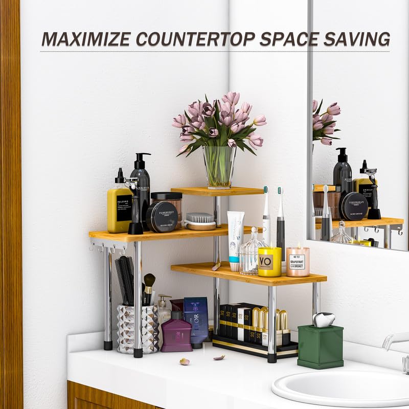 ZHWS Bathroom Counter Organizer Corner Countertop Shelf Adjustable 3 Tier Corner Shelf Kitchen Counter Organizer with 4 Metal Hooks for Bathroom Counter, Makeups, Dresser Table, Over Sink