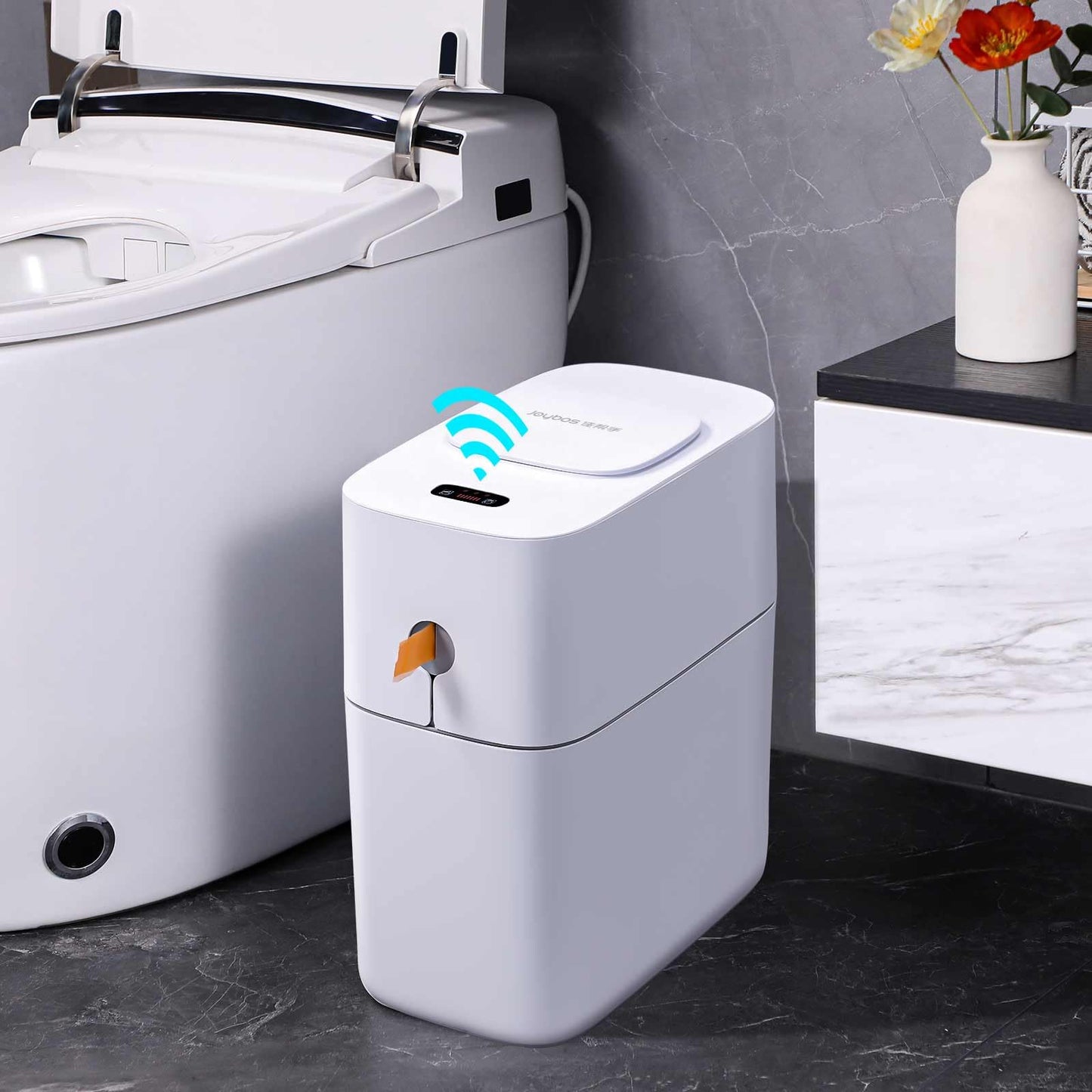 MOPUP Touchless Bathroom Trash Can, Automatic Garbage Can for Bedroom,Office Motion Sensor Trash Bin,3.5 Gallon Dogproof Plastic Slim Wastebasket for Toilet, RV,Living Room, White