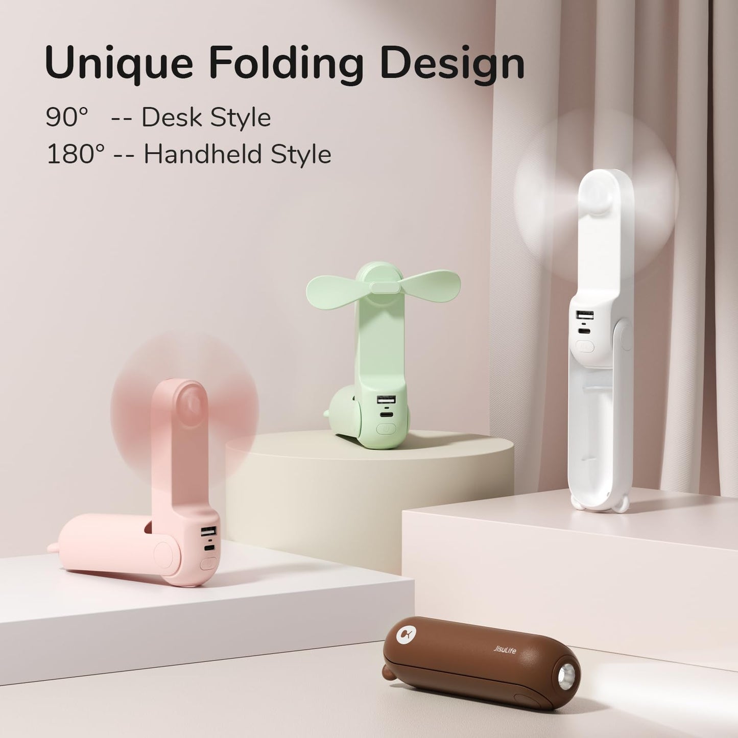 JISULIFE Handheld Mini Fan, 3 IN 1 USB Rechargeable Portable Fan [12-19 Working Hours] with Power Bank, Flashlight, Pocket Design for Travel/Summer/Concerts/Lash, Gifts for Women (Pink)