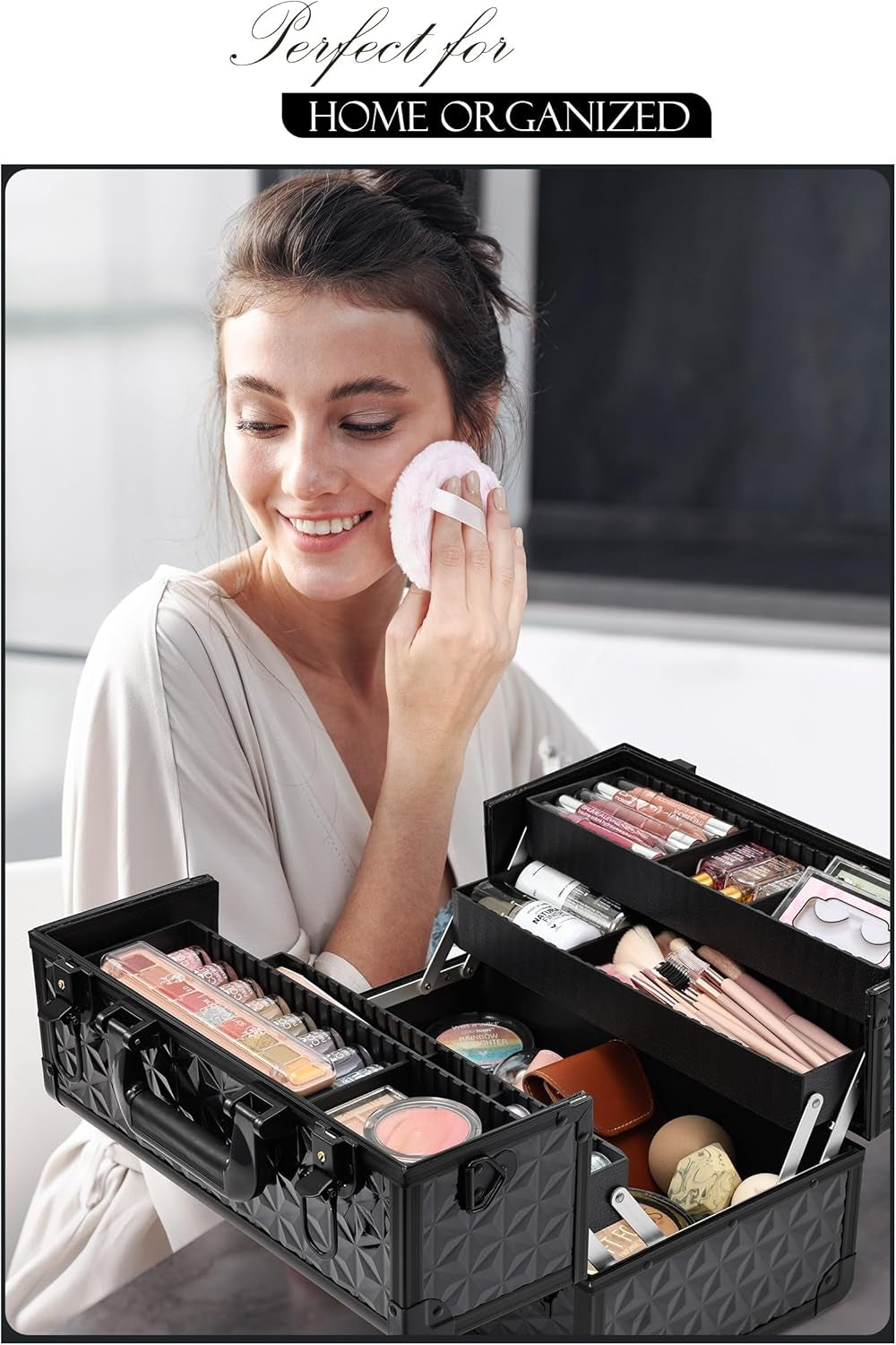 Makeup Train Case Professional Cosmetic Organizer Aluminum Storage Box with 4 Adjustable Dividers Trays Lockable Portable with Shoulder Strap