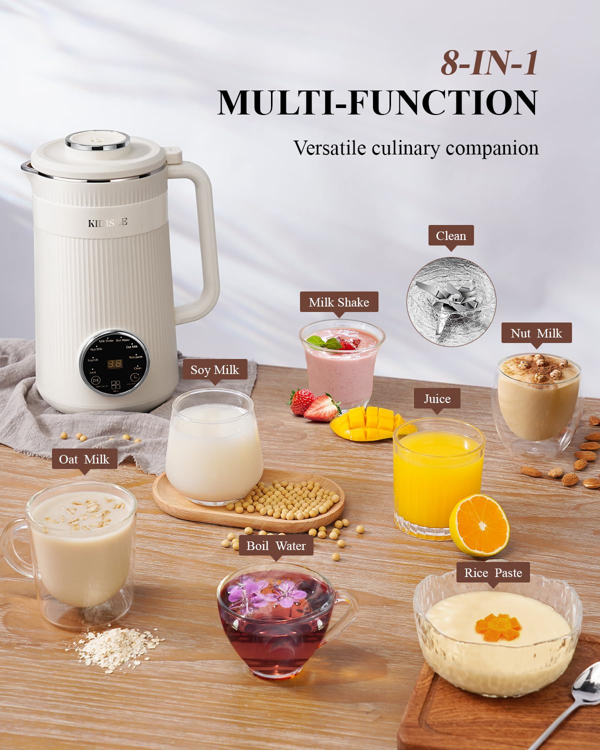 KIDISLE 8 in 1 Nut Milk Maker Blender, 32oz Homemade Soy, Almond, Oat, Coconut, Plant Based and Non Dairy Beverages, Automatic Soybean Machine With Delay Start/Keep Warm/Boil Water, Cream