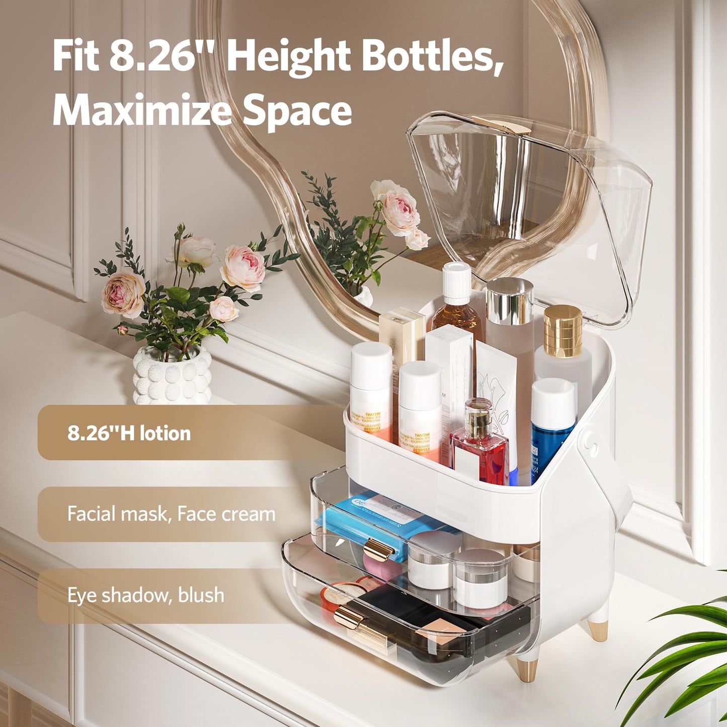 Delamu Makeup Organizer for Vanity, Skincare Organizer with Lid and Drawers, Bathroom Counter Organizer Perfume Makeup Storage, Large Cosmetic Display case for Dresser, Bathroom Countertop, White