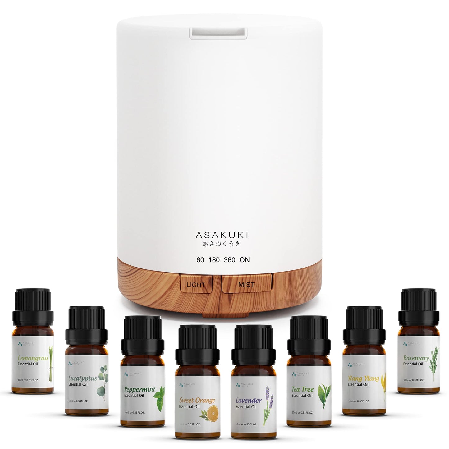 ASAKUKI Essential Oil Diffuser, Aromatherapy Cool Mist Home Humidifier with 7 LED Color Changing Light and Auto-Off Safety Switch, 8 Essential Oils Set, 300ml (X-Brown with Oils)