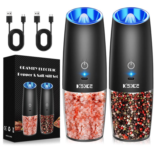 Sweet Alice Rechargeable Electric Pepper and Salt Grinder Set, No Battery Needed, whit Gravity Sensing Switch and LED Light, One Hand Automatic Operation, Black 2 Pack