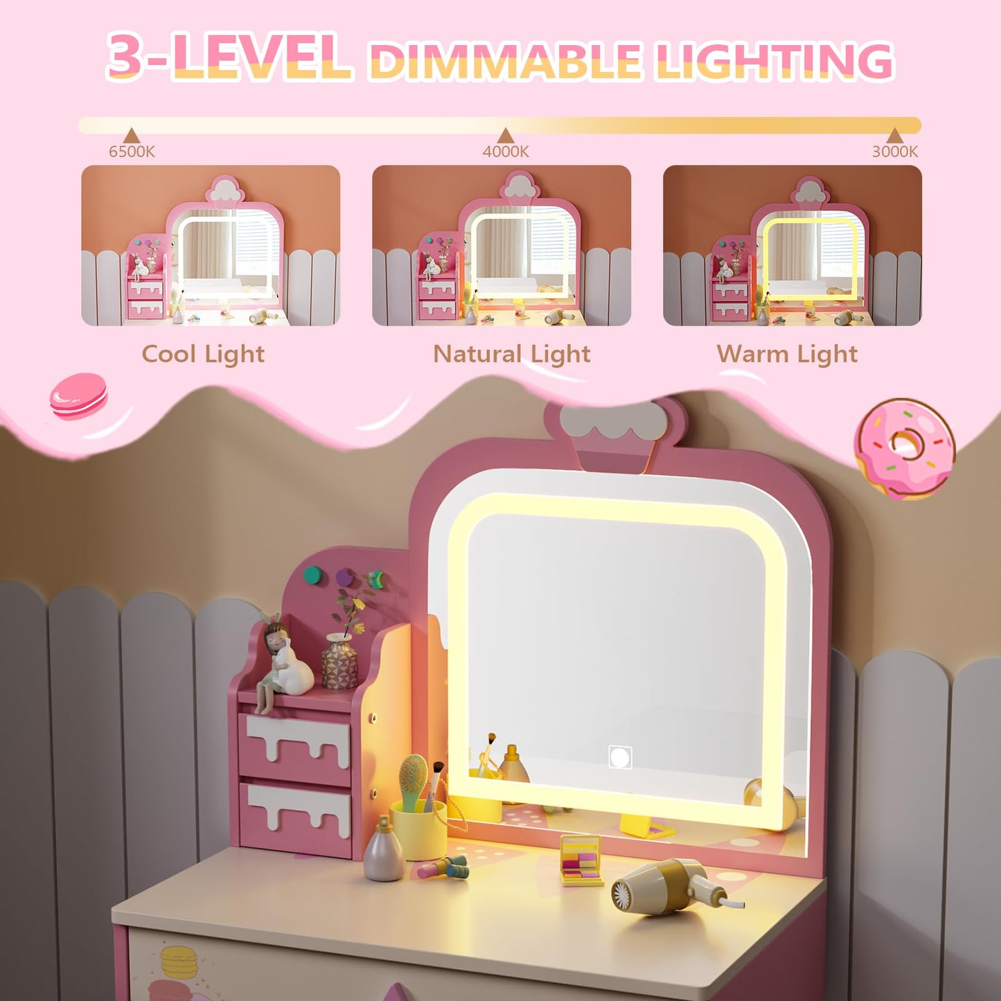 JOYMOR Kids Vanity with Lights, Dessert-Themed Vanity with Cloud-Like LED Light Strip & Drawer, Makeup Desk with Stool for Little Girls Ages 3-8 (Pink)