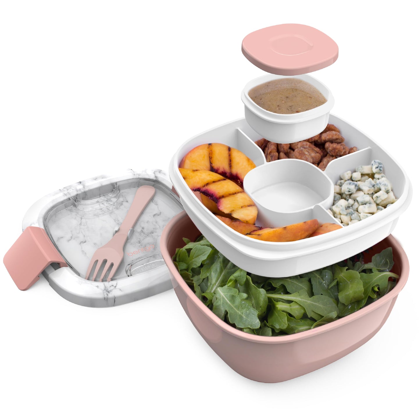 Bentgo Salad Container - 54 oz Bowl with 4-Compartment Toppings Tray, Leak-Proof Dressing Container, Reusable Fork, BPA-Free Lunch Box for Meal Prep & Food Storage; Removable Bento Tray (Slate)