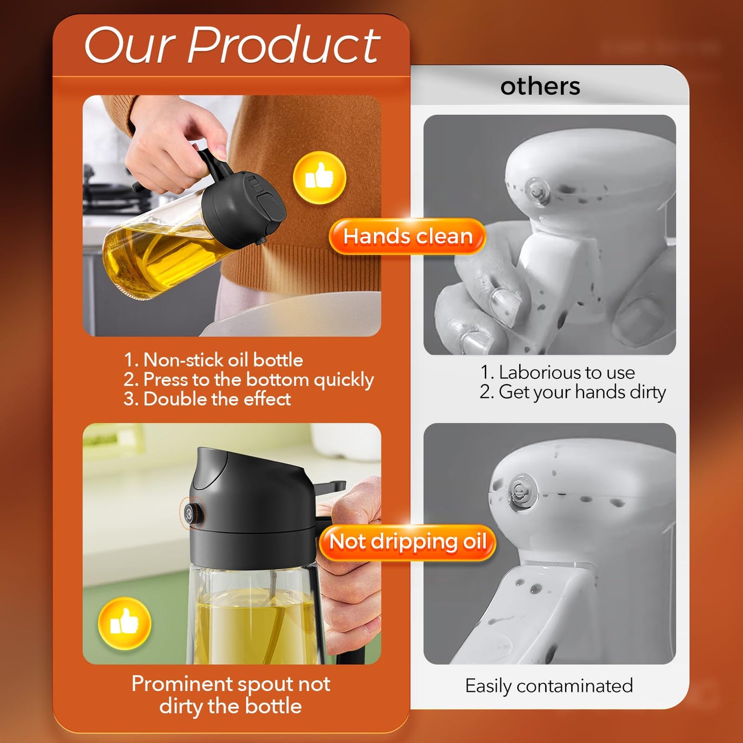 YARRAMATE 16oz/470ml Oil Sprayer for Cooking with Stickers, Food-grade Premium 2 in 1 Olive Oil Dispenser Bottle for Kitchen Gadgets, Air Fryer, Salad, Frying, BBQ (Black)