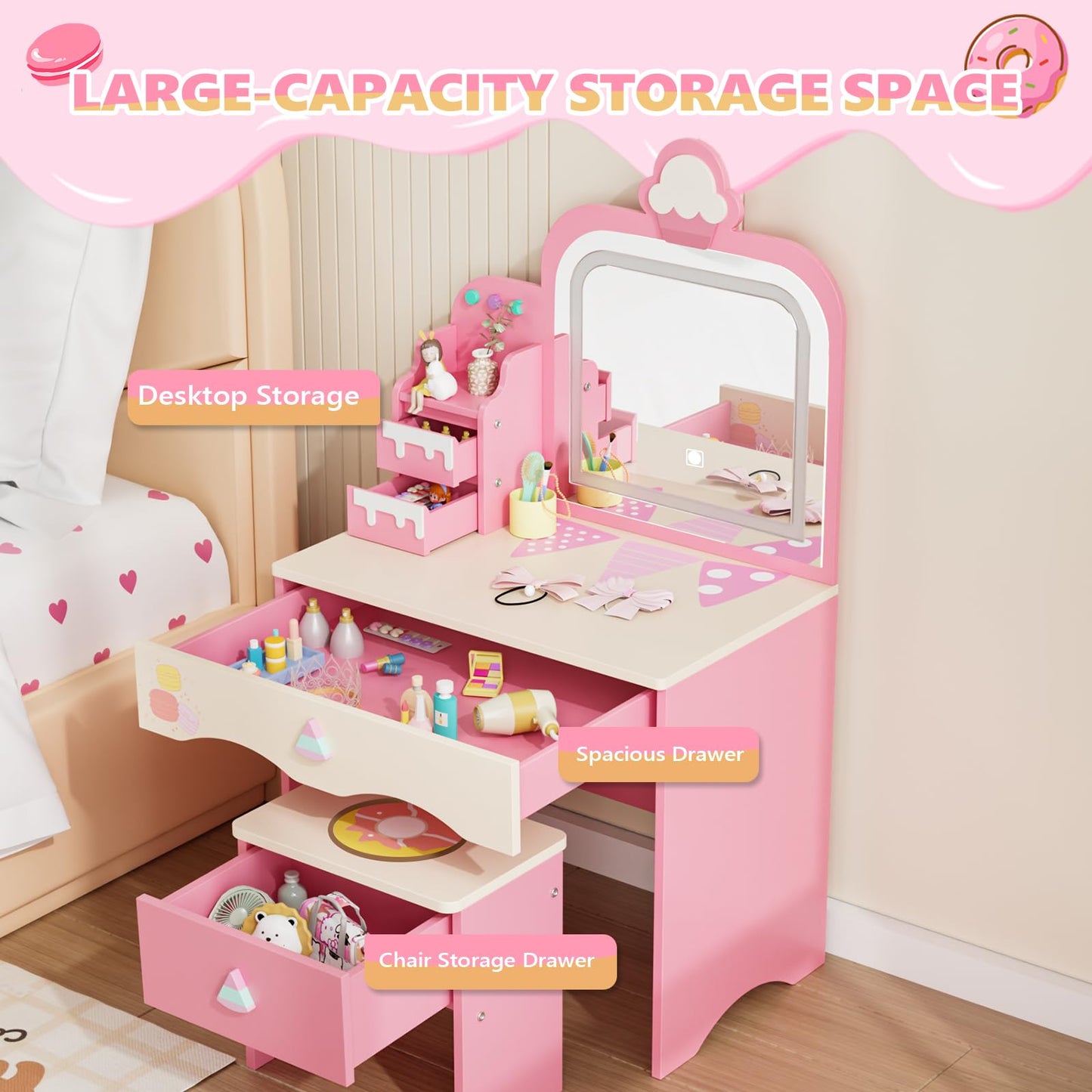 JOYMOR Kids Vanity with Lights, Dessert-Themed Vanity with Cloud-Like LED Light Strip & Drawer, Makeup Desk with Stool for Little Girls Ages 3-8 (Pink)