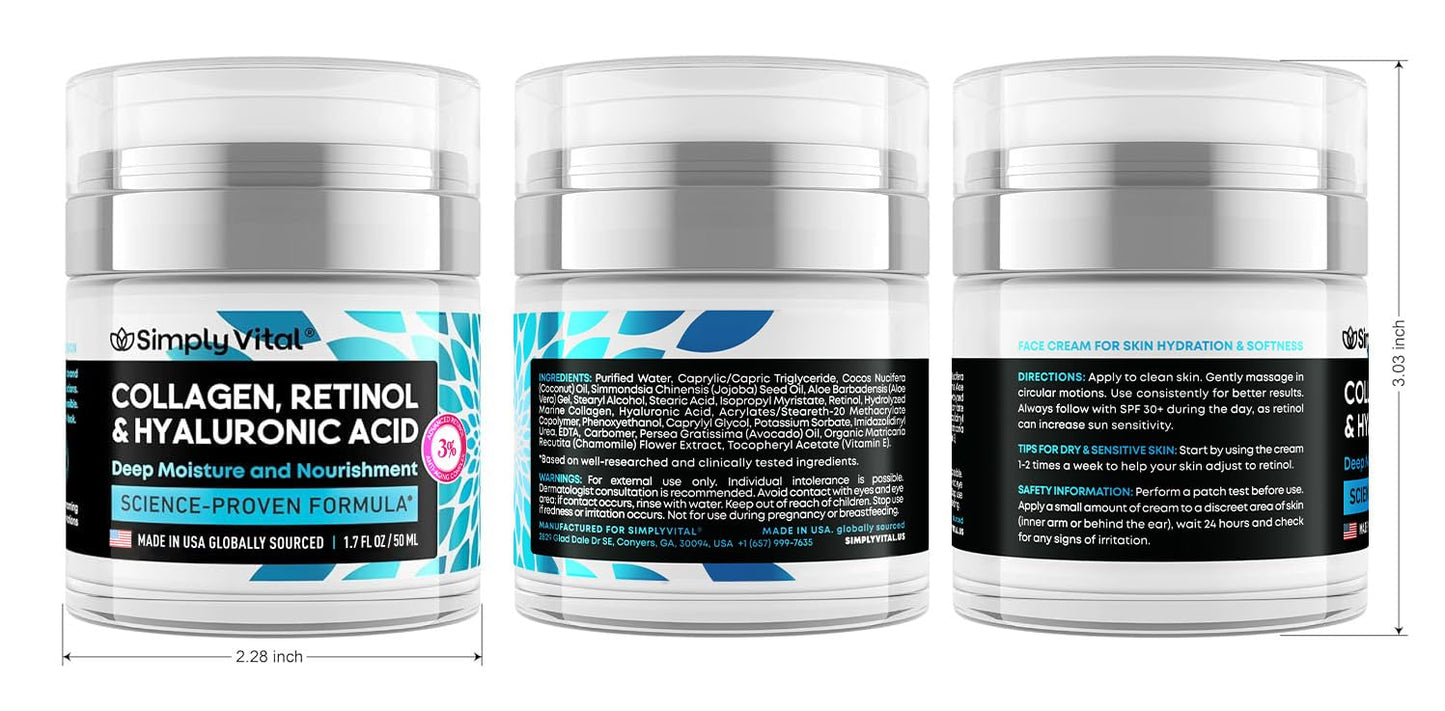 SimplyVital Collagen, Retinol & Hyaluronic Acid Cream - Anti-Aging Face Moisturizer for Face, Neck & Décolleté - Made in USA, Daily Moisturizer Face Cream - 1.7 fl.oz.
