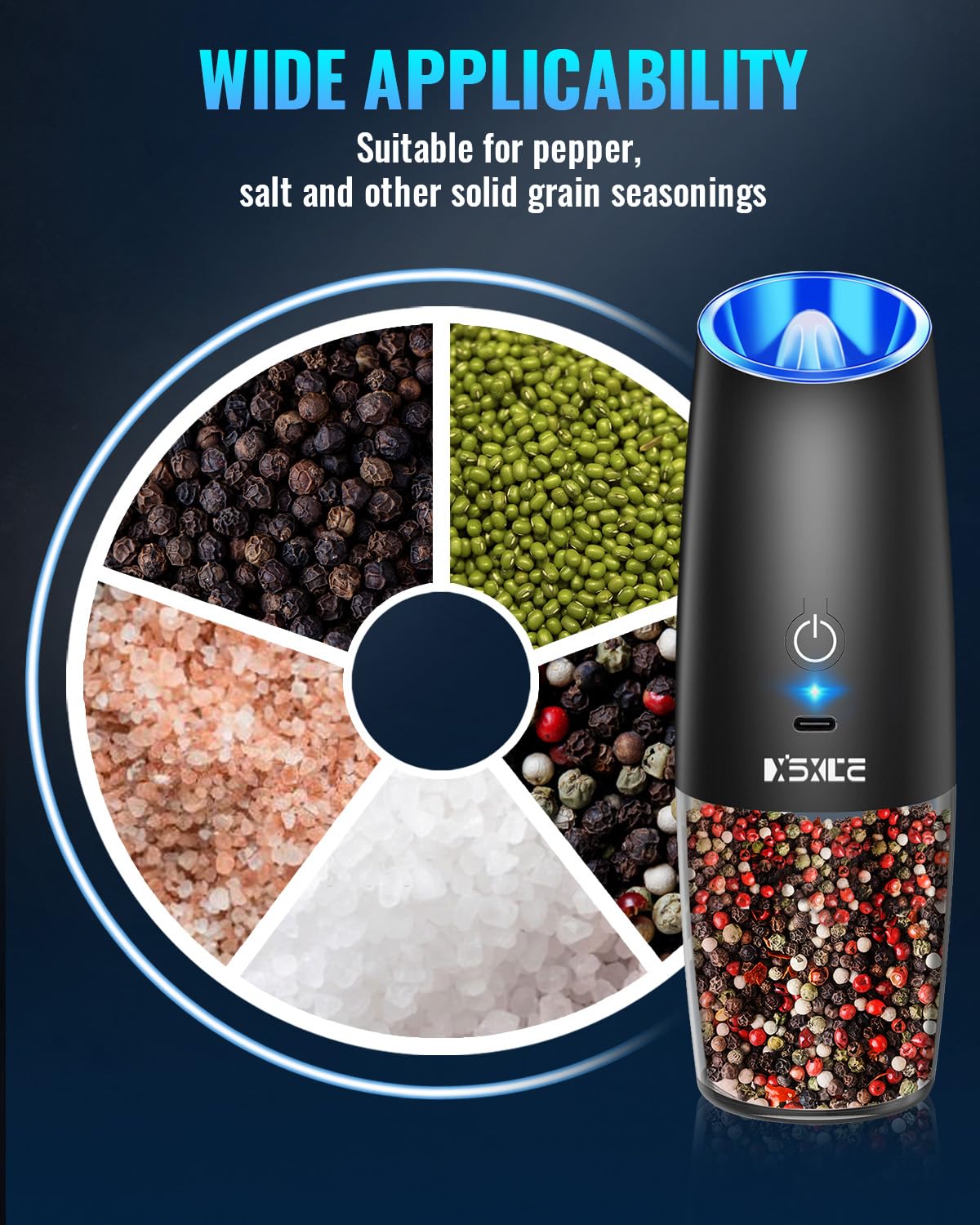 Sweet Alice Rechargeable Electric Pepper and Salt Grinder Set, No Battery Needed, whit Gravity Sensing Switch and LED Light, One Hand Automatic Operation, Black 2 Pack