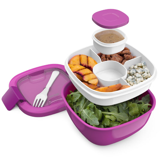 Bentgo Salad Container - 54 oz Bowl with 4-Compartment Toppings Tray, Leak-Proof Dressing Container, Reusable Fork, BPA-Free Lunch Box for Meal Prep & Food Storage; Removable Bento Tray (Slate)