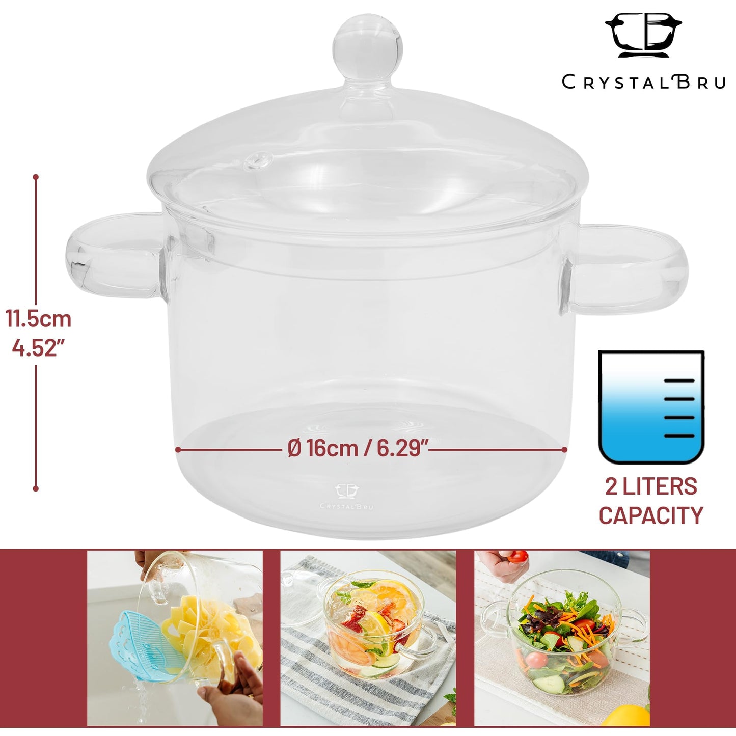 2L Clear Glass Simmer Pot with Lid & Strainer | Heat-Resistant Borosilicate Glass Pot for Pasta, Soup, Baby Food & Milk | Electric Simmer Tool for Home Fragrance | Anti-Scald Handles