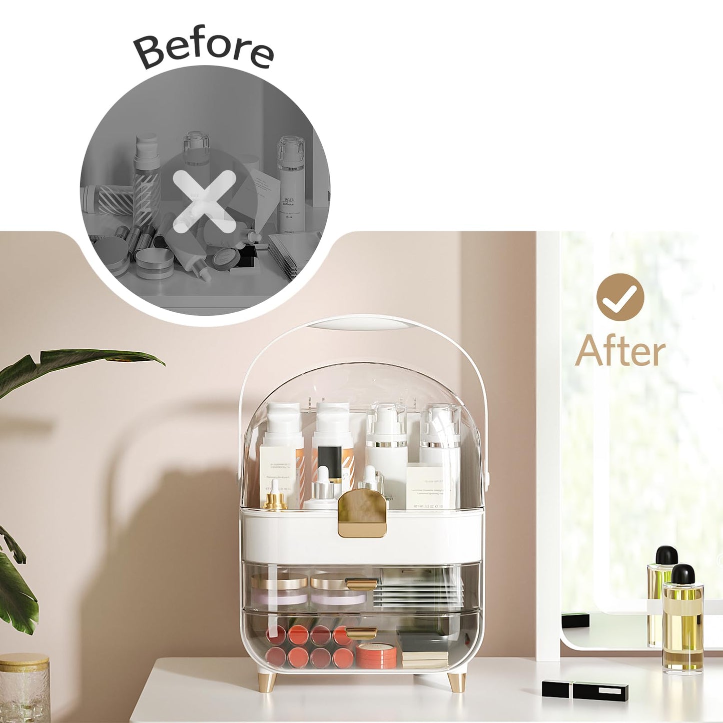 Delamu Makeup Organizer for Vanity, Skincare Organizer with Lid and Drawers, Bathroom Counter Organizer Perfume Makeup Storage, Large Cosmetic Display case for Dresser, Bathroom Countertop, White