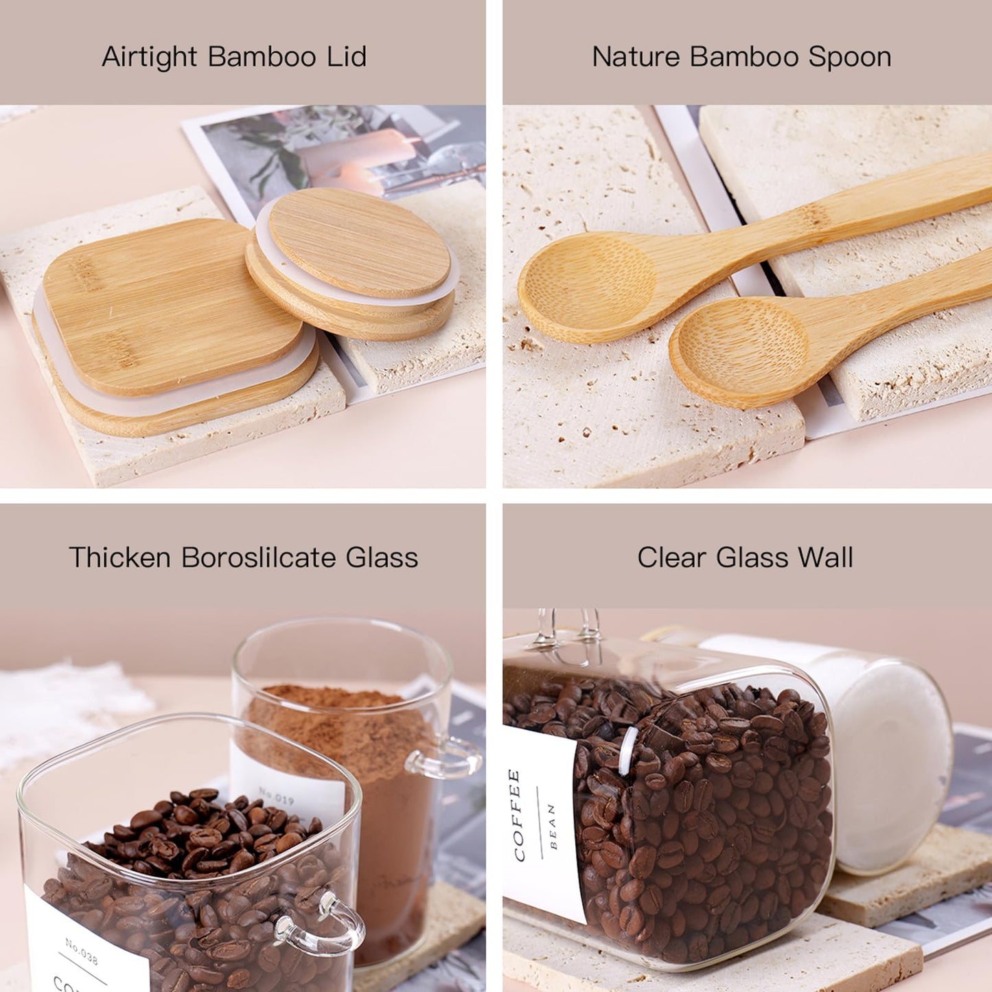 CZSZYGHBAO 6 Pack Glass Jars with Bamboo Lid and Spoons - 17Oz/27Oz Borosilicate Glass Jars with 132 Pantry Labels - for Coffee Beans, Tea, Sugar & More