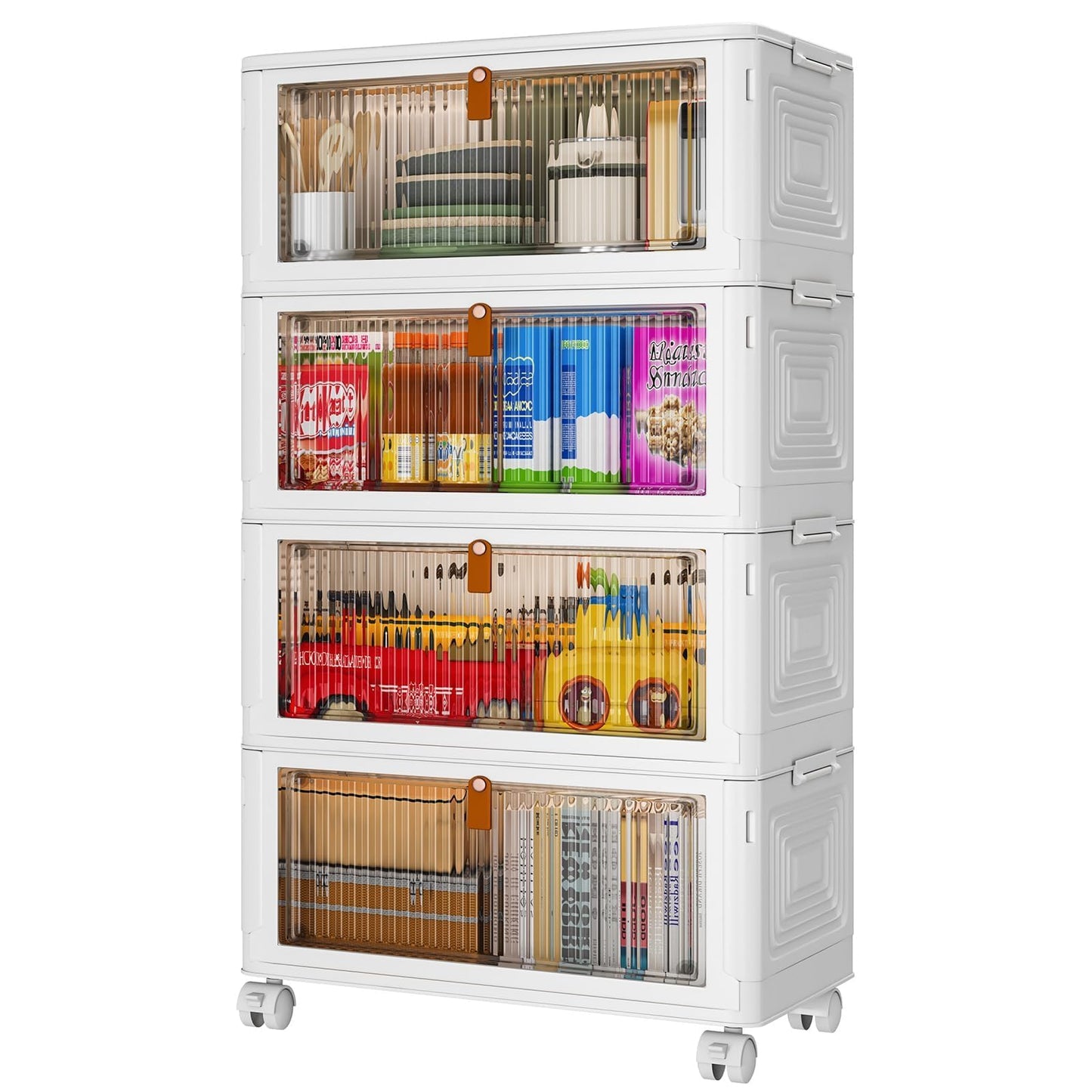 4 Tier Plastic Storage Bins with Lid 23QT, Stackable Storage Containers with Wheels, Folding Storage Boxes, Stackable Storage Bins, Closet Organizers and Storage for Living Room,Office,Dorm