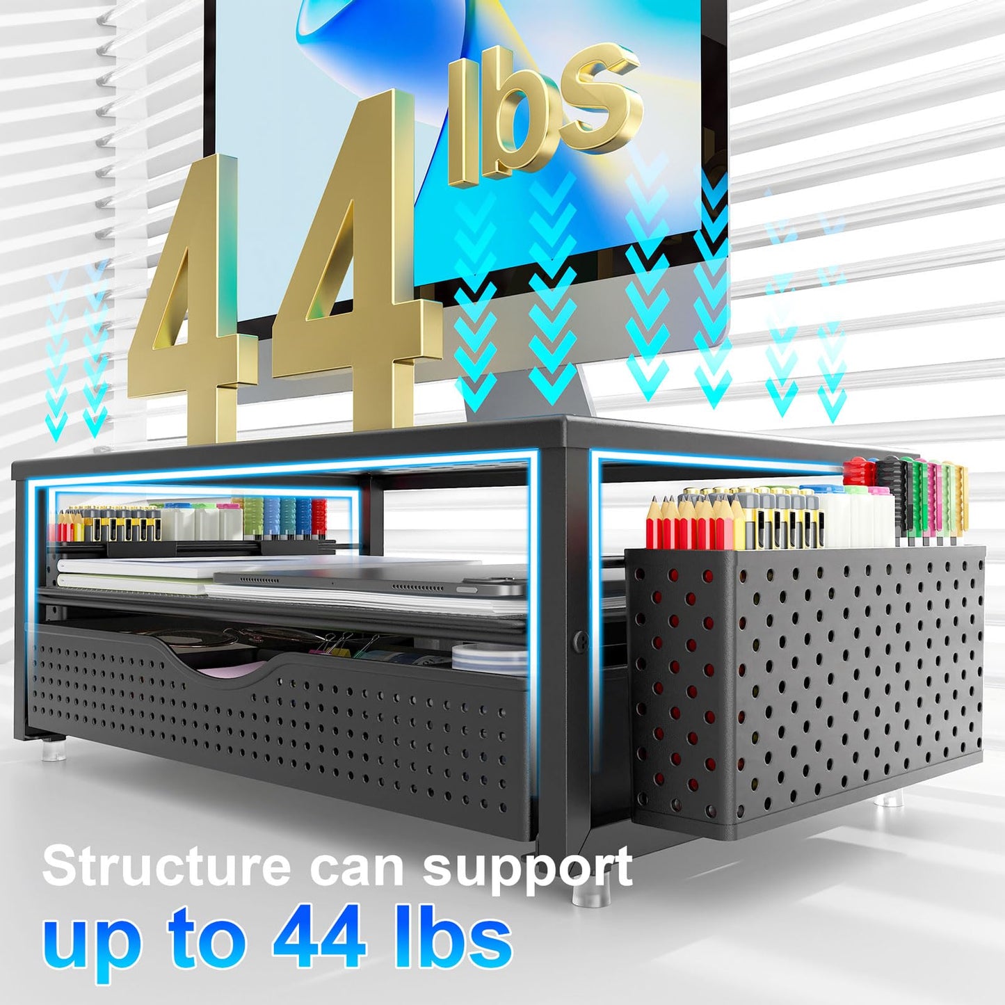 gianotter Desk Organizers and Accessories, Monitor Stand with Drawer and 2 Pen Holder, Desktop Organizer Suitable for Offices and Dormitories (Black)