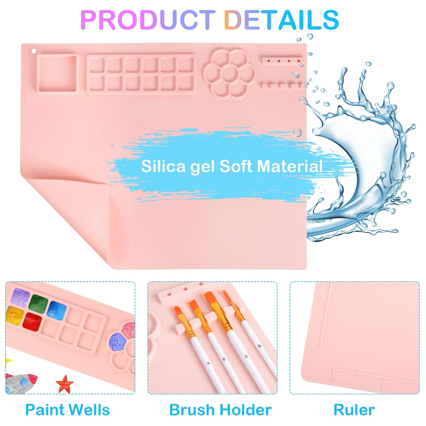 Painting Station, Paint Brush Cleaner and Silicone Painting Mat 20"X16", Silicone Art Mat with 10 Paint Brushes, Paint Brush Rinser, Art Painting Supplies Set (Pink)