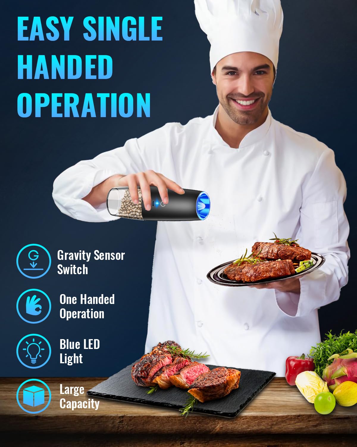 Sweet Alice Rechargeable Electric Pepper and Salt Grinder Set, No Battery Needed, whit Gravity Sensing Switch and LED Light, One Hand Automatic Operation, Black 2 Pack