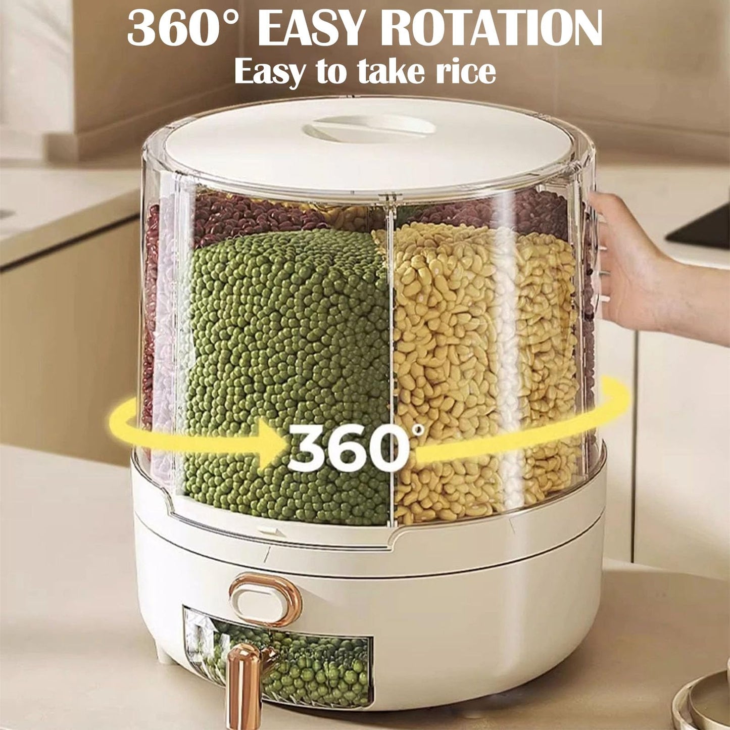 Enforose 25Lbs Cereal Dispenser,360 Degree Rotating Grain Storage Dispenser Box,6 Compartment PP Plastic Dry Food Dispenser,Rice Dispenser for Kitchen Soybean Corn (medium-white)