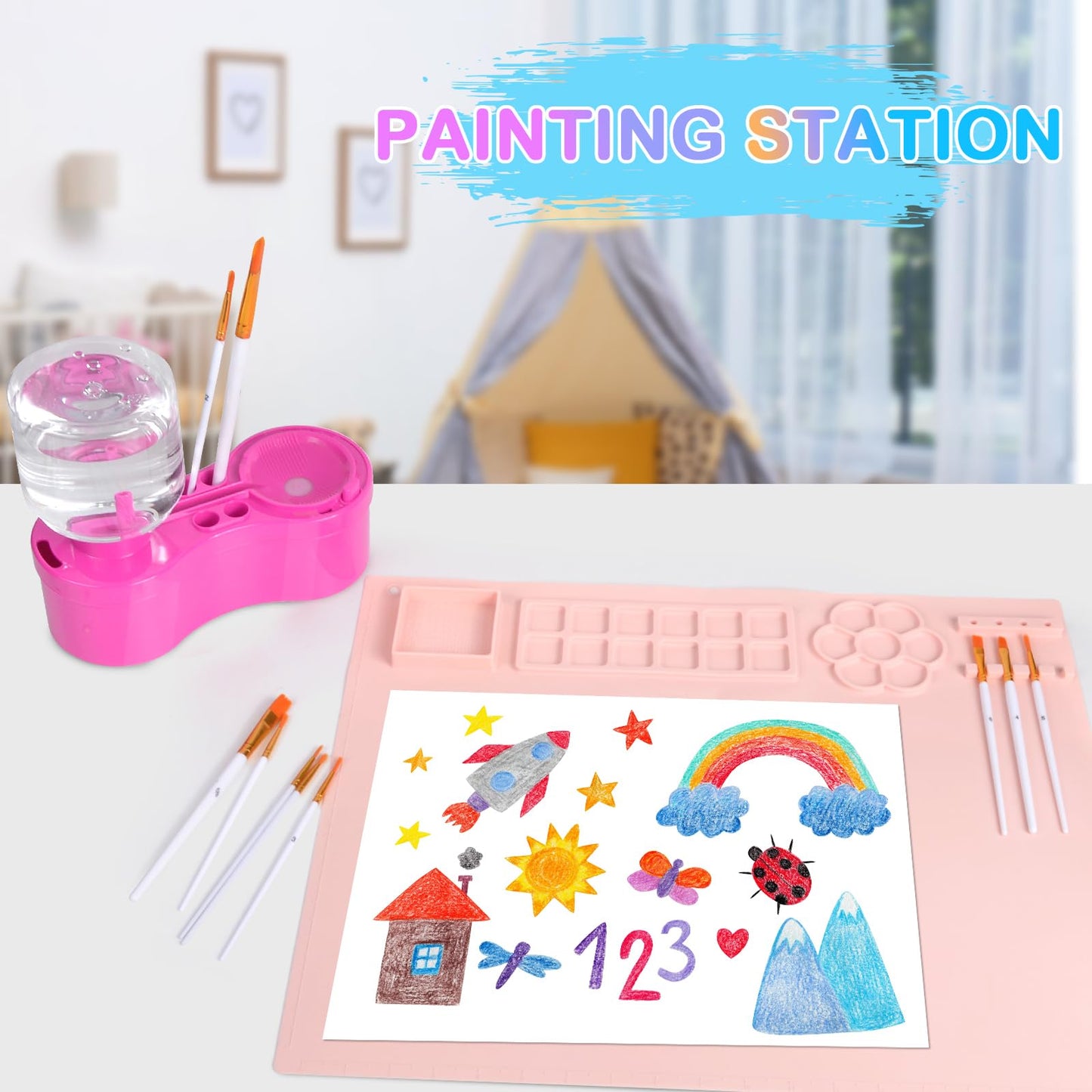 Painting Station, Paint Brush Cleaner and Silicone Painting Mat 20"X16", Silicone Art Mat with 10 Paint Brushes, Paint Brush Rinser, Art Painting Supplies Set (Pink)