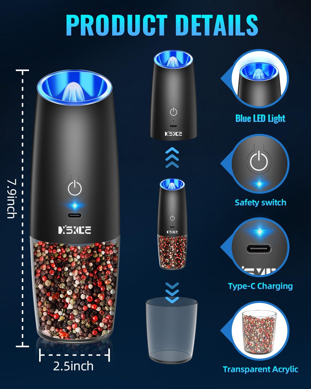 Sweet Alice Rechargeable Electric Pepper and Salt Grinder Set, No Battery Needed, whit Gravity Sensing Switch and LED Light, One Hand Automatic Operation, Black 2 Pack