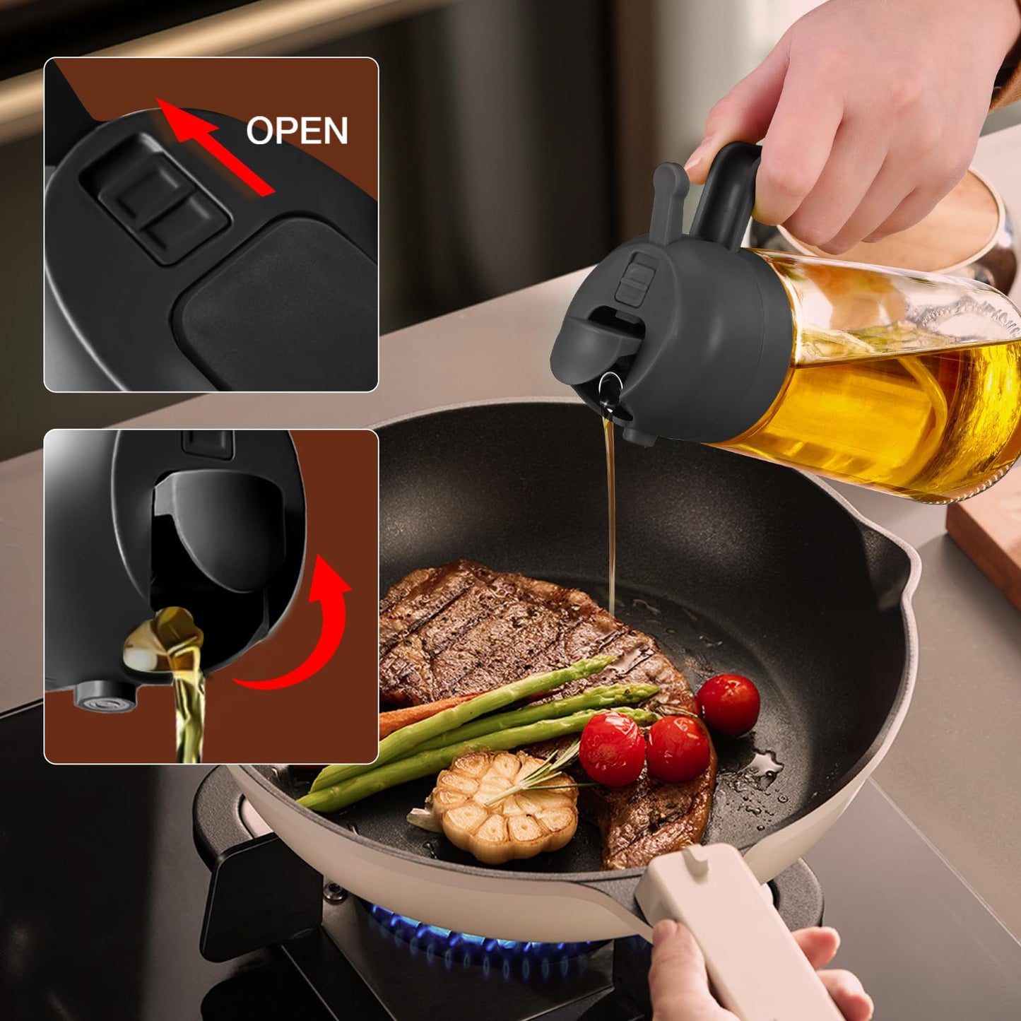 YARRAMATE 16oz/470ml Oil Sprayer for Cooking with Stickers, Food-grade Premium 2 in 1 Olive Oil Dispenser Bottle for Kitchen Gadgets, Air Fryer, Salad, Frying, BBQ (Black)