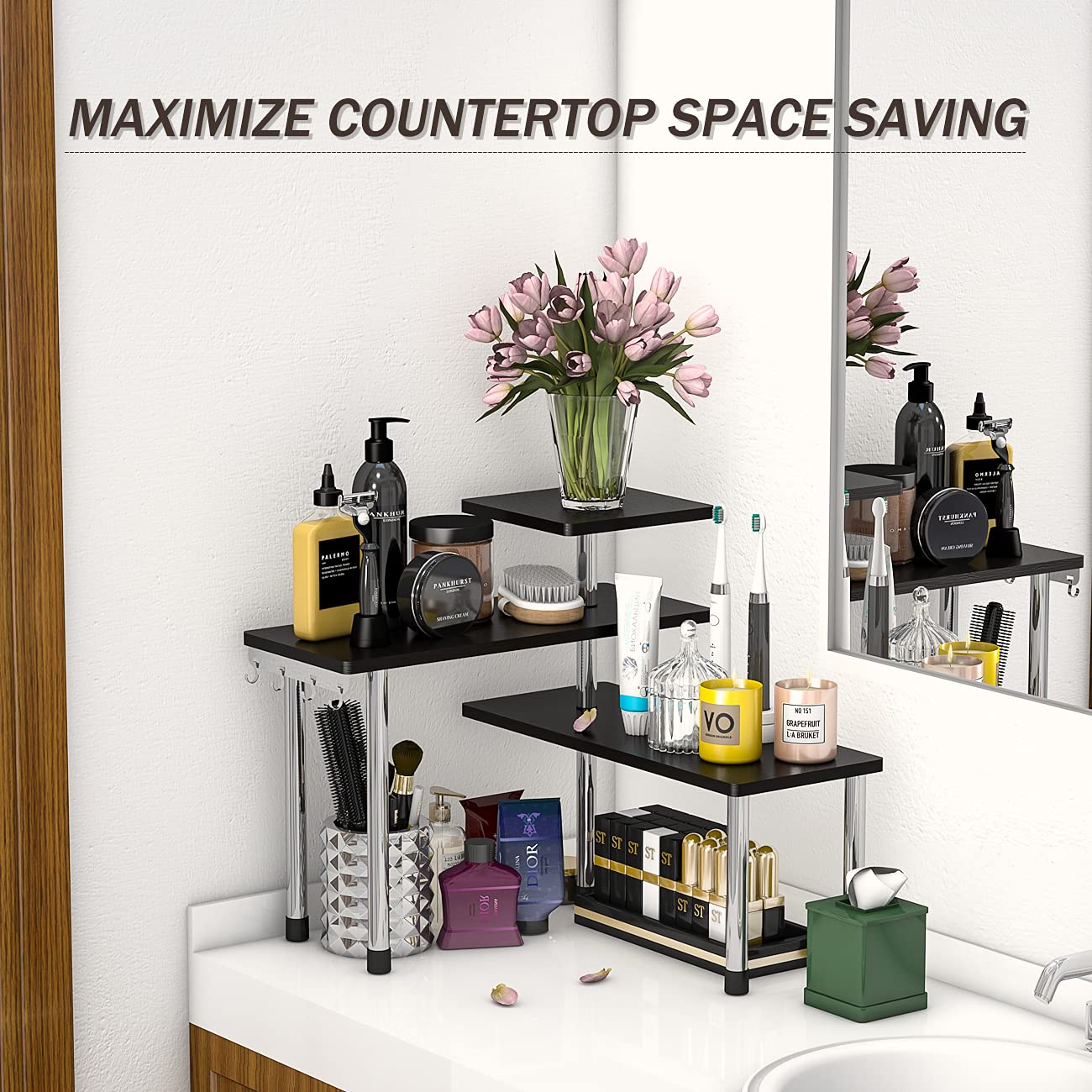 ZHWS Bathroom Counter Organizer Corner Countertop Shelf Adjustable 3 Tier Corner Shelf Kitchen Counter Organizer with 4 Metal Hooks for Bathroom Counter, Makeups, Dresser Table, Over Sink