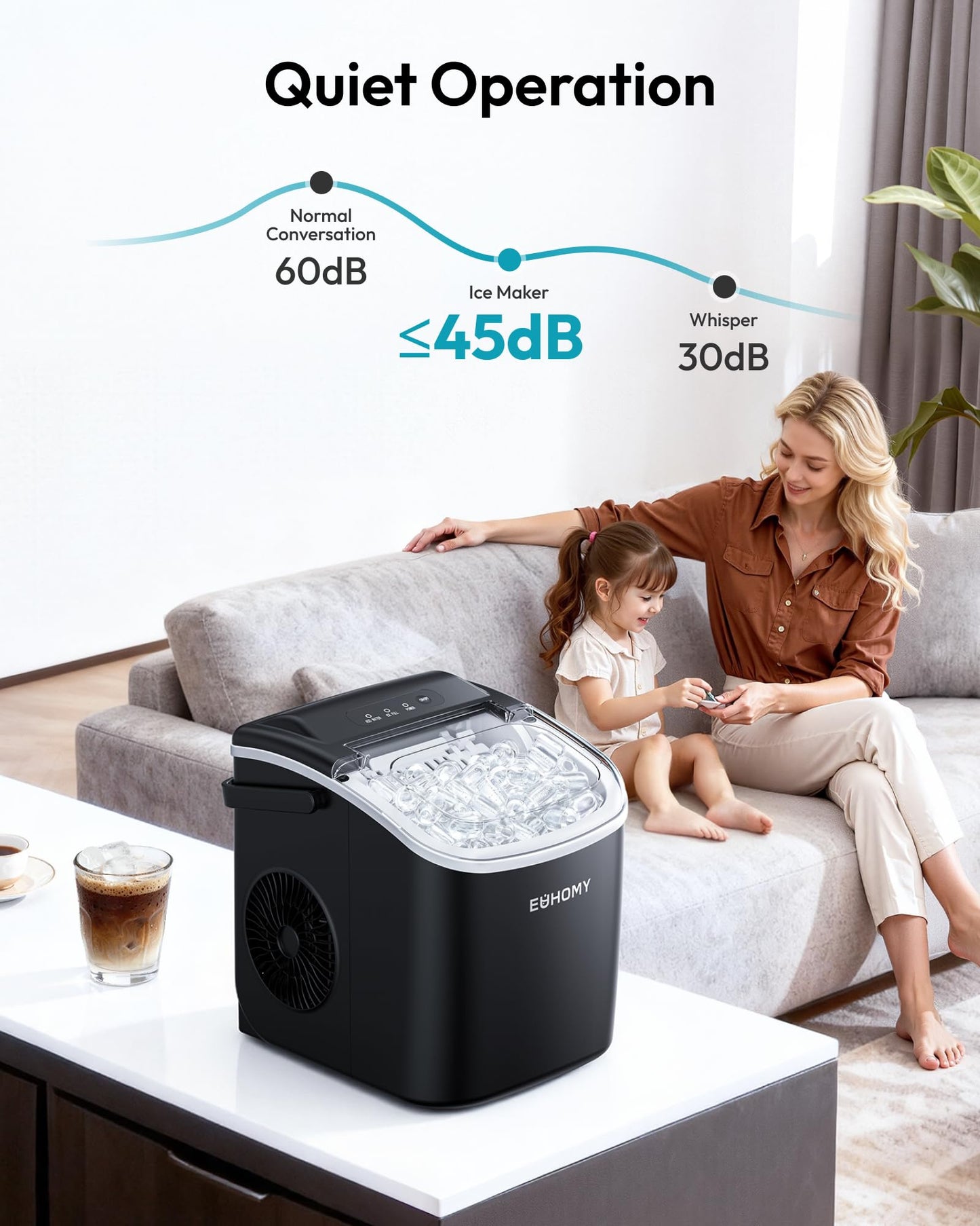 EUHOMY Countertop Ice Maker Machine with Handle, 26lbs in 24Hrs, 9 Ice Cubes Ready in 6 Mins, Auto-Cleaning Portable Ice Maker with Basket and Scoop, for Home/Kitchen/Camping/RV. (Black)