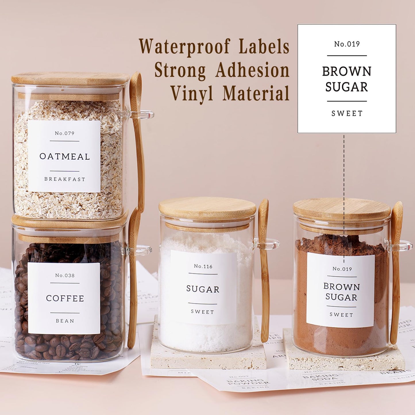 CZSZYGHBAO 6 Pack Glass Jars with Bamboo Lid and Spoons - 17Oz/27Oz Borosilicate Glass Jars with 132 Pantry Labels - for Coffee Beans, Tea, Sugar & More