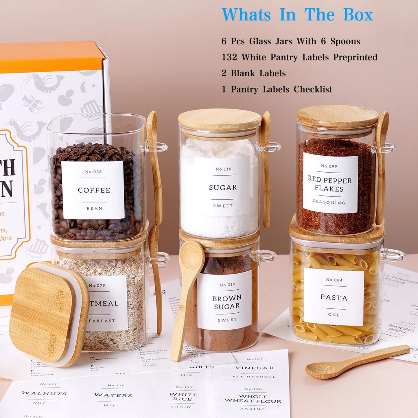 CZSZYGHBAO 6 Pack Glass Jars with Bamboo Lid and Spoons - 17Oz/27Oz Borosilicate Glass Jars with 132 Pantry Labels - for Coffee Beans, Tea, Sugar & More