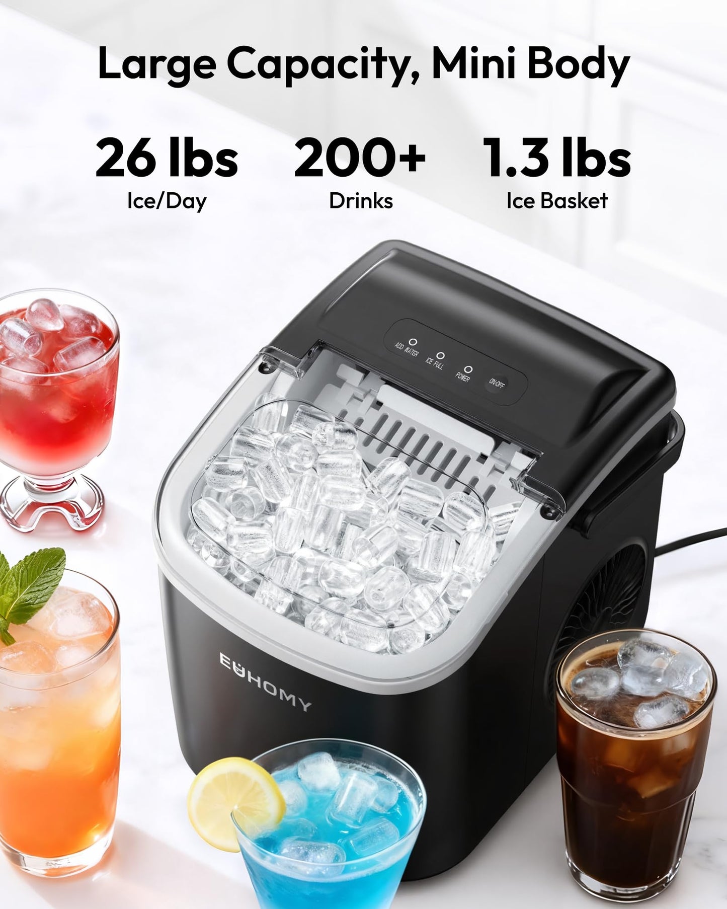 EUHOMY Countertop Ice Maker Machine with Handle, 26lbs in 24Hrs, 9 Ice Cubes Ready in 6 Mins, Auto-Cleaning Portable Ice Maker with Basket and Scoop, for Home/Kitchen/Camping/RV. (Black)