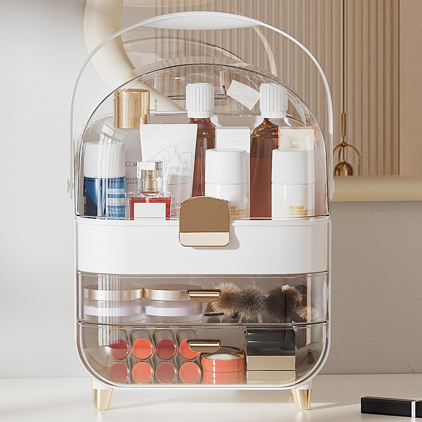 Delamu Makeup Organizer for Vanity, Skincare Organizer with Lid and Drawers, Bathroom Counter Organizer Perfume Makeup Storage, Large Cosmetic Display case for Dresser, Bathroom Countertop, White