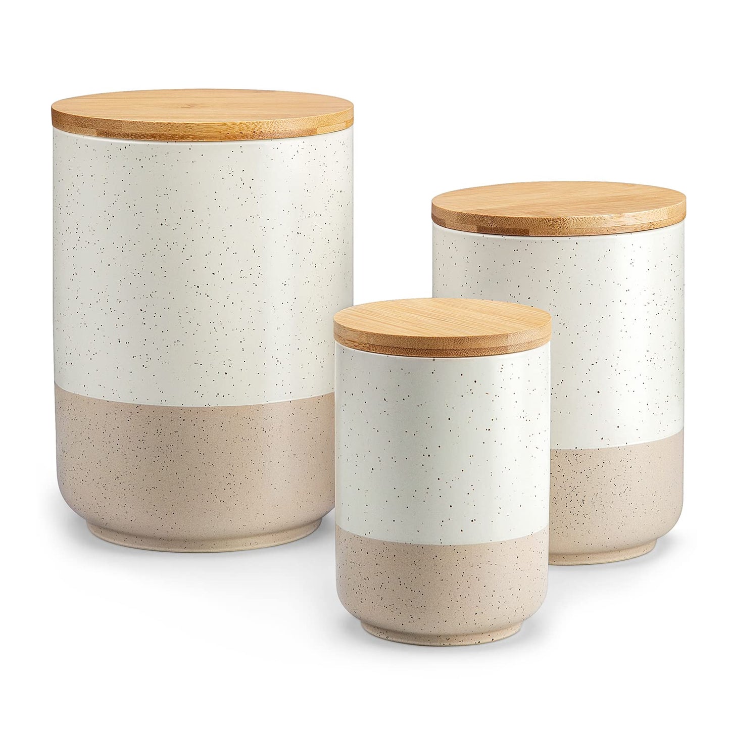 vancasso Sabine Ceramic Canister Set with Airtight Wood Lids - 3-Piece Kitchen Storage for Flour, Sugar, Coffee, Tea & Spices - Modern Countertop Decor