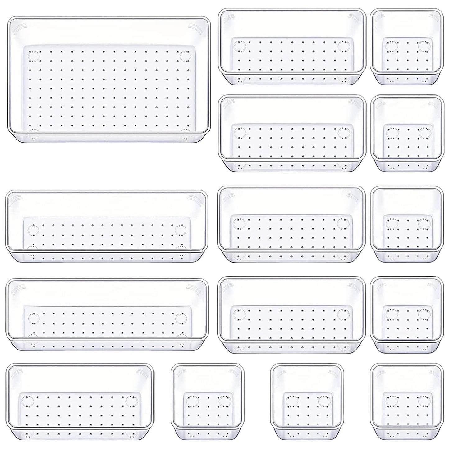 Manalete Drawer Organizers Set of 15, 4 Sizes Clear Plastic Drawer Organizers and Storage Bins for Kitchen, Bathroom, Office, Dresser Desk Drawer Organizer Tray for Jewelry, Makeup, Junk, Gadgets