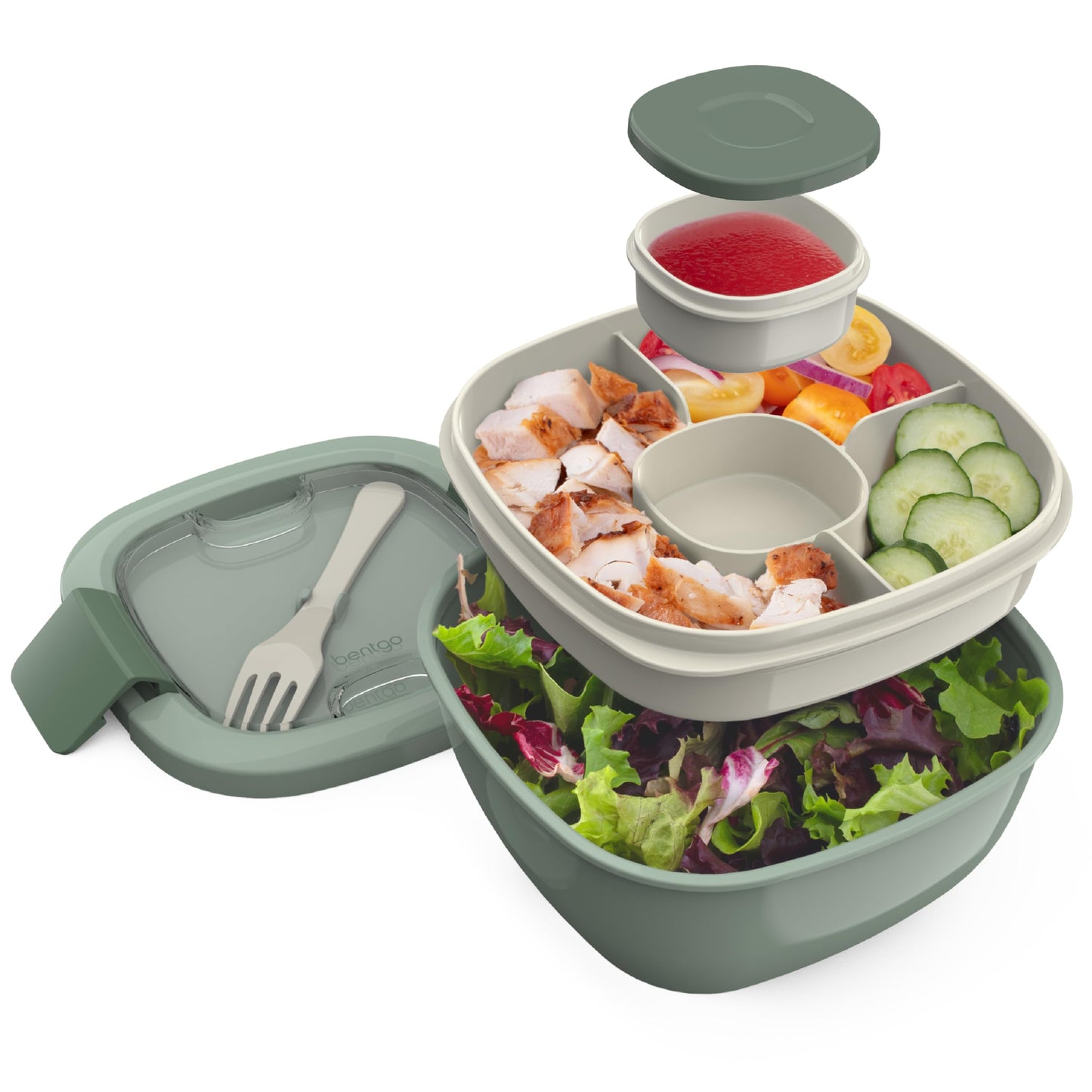 Bentgo Salad Container - 54 oz Bowl with 4-Compartment Toppings Tray, Leak-Proof Dressing Container, Reusable Fork, BPA-Free Lunch Box for Meal Prep & Food Storage; Removable Bento Tray (Slate)