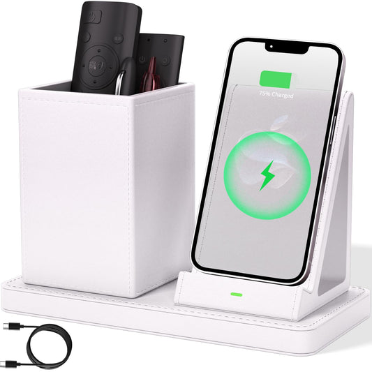 LADSTAG Desk Organizer with Phone Holder,White Multi-Functional Pencil Holder for Desk, Desk Organizers and Accessories for Office Art Supplies,Desk Phone Stand Charger for Desktop/Counter