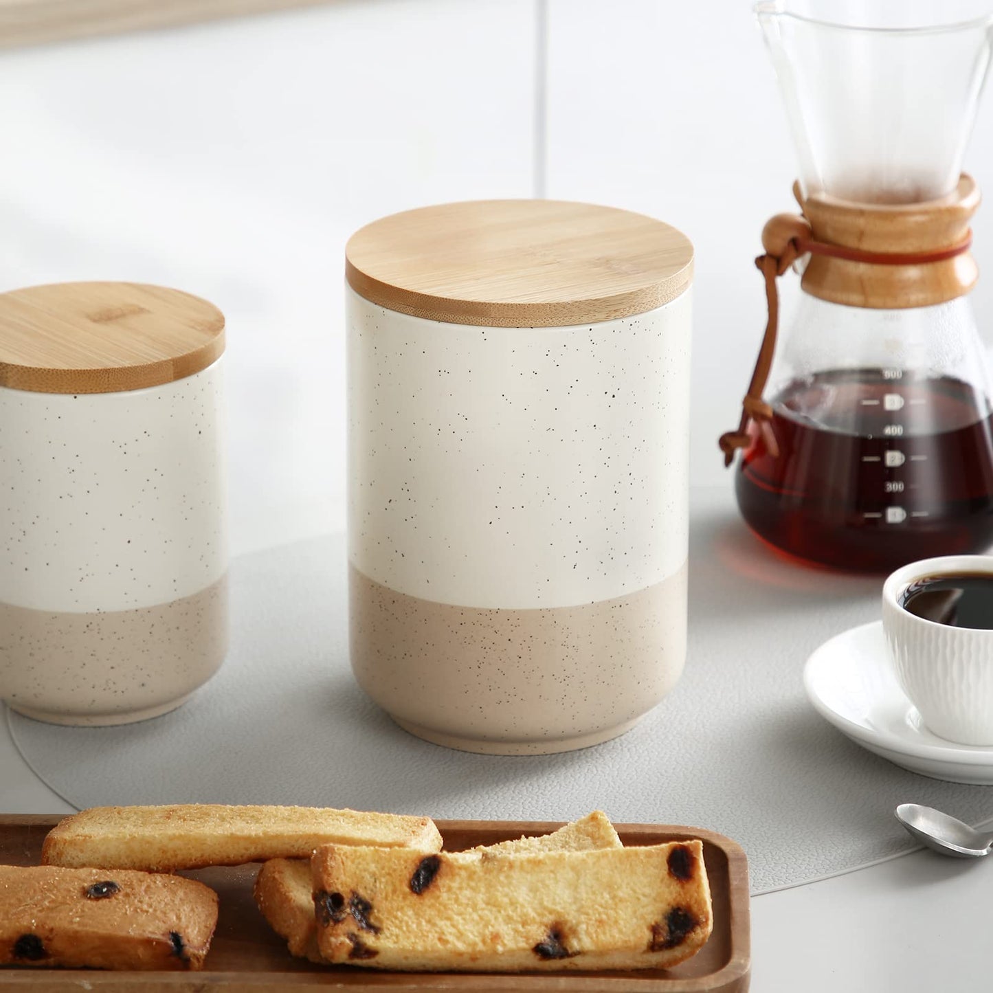 vancasso Sabine Ceramic Canister Set with Airtight Wood Lids - 3-Piece Kitchen Storage for Flour, Sugar, Coffee, Tea & Spices - Modern Countertop Decor