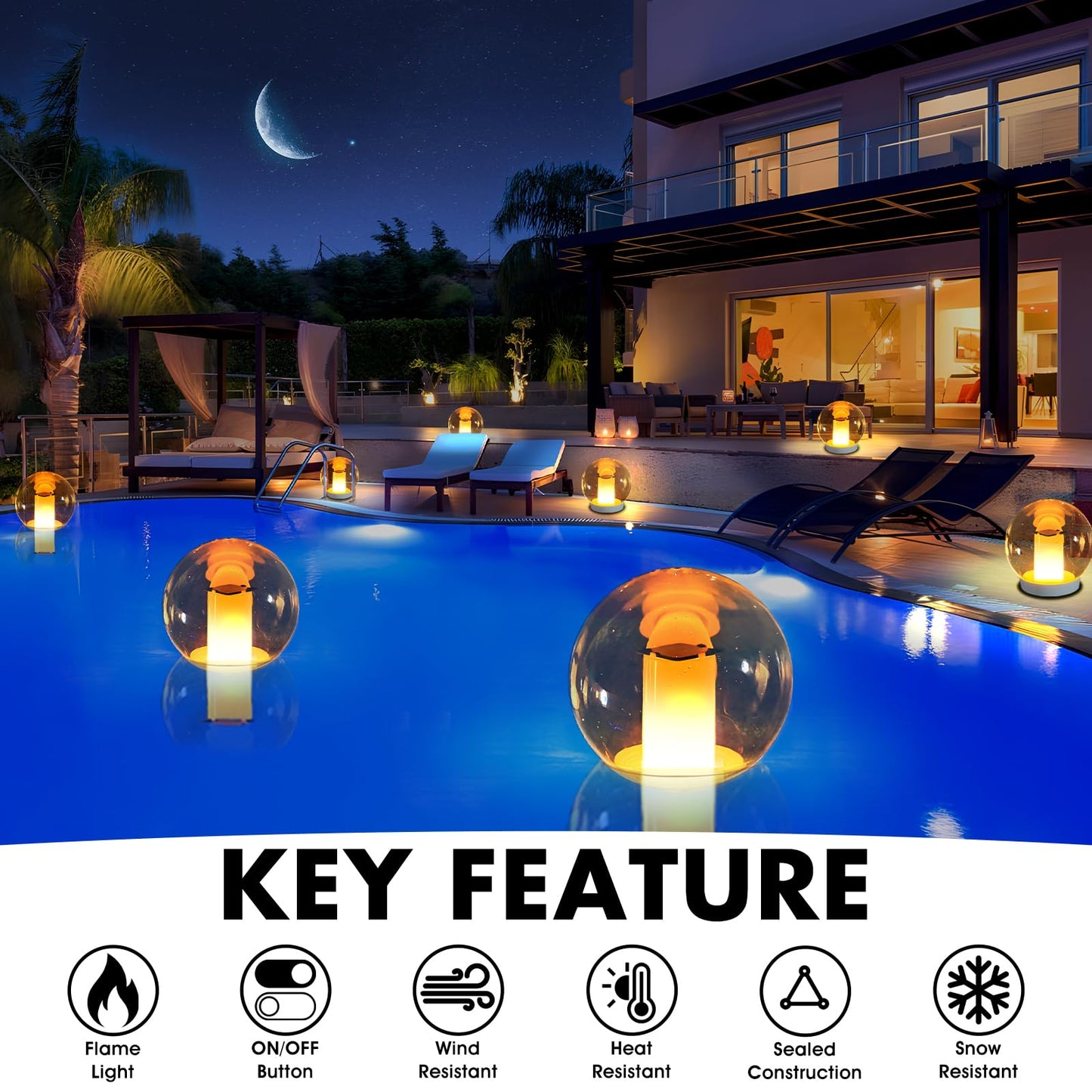 LanPool Floating Pool Lights, Waterproof Solar Flame Light,Round Pools Lights Solar Powered,Glow in The Dark Solar Floating Pool Light-Glow in Dark, 1PC
