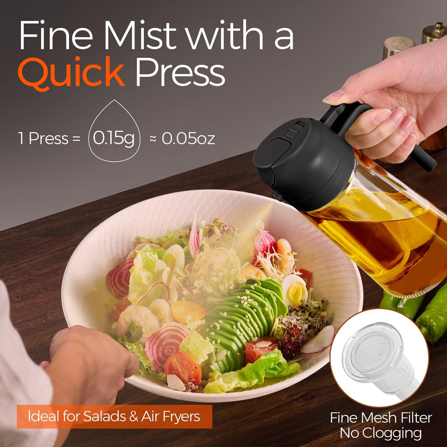 YARRAMATE 16oz/470ml Oil Sprayer for Cooking with Stickers, Food-grade Premium 2 in 1 Olive Oil Dispenser Bottle for Kitchen Gadgets, Air Fryer, Salad, Frying, BBQ (Black)
