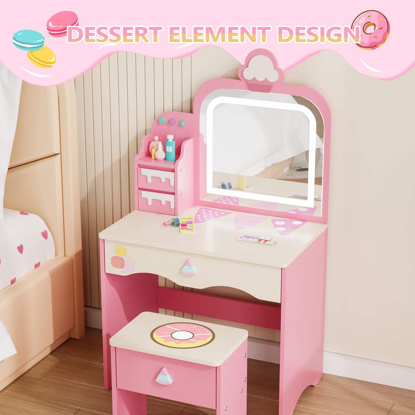 JOYMOR Kids Vanity with Lights, Dessert-Themed Vanity with Cloud-Like LED Light Strip & Drawer, Makeup Desk with Stool for Little Girls Ages 3-8 (Pink)